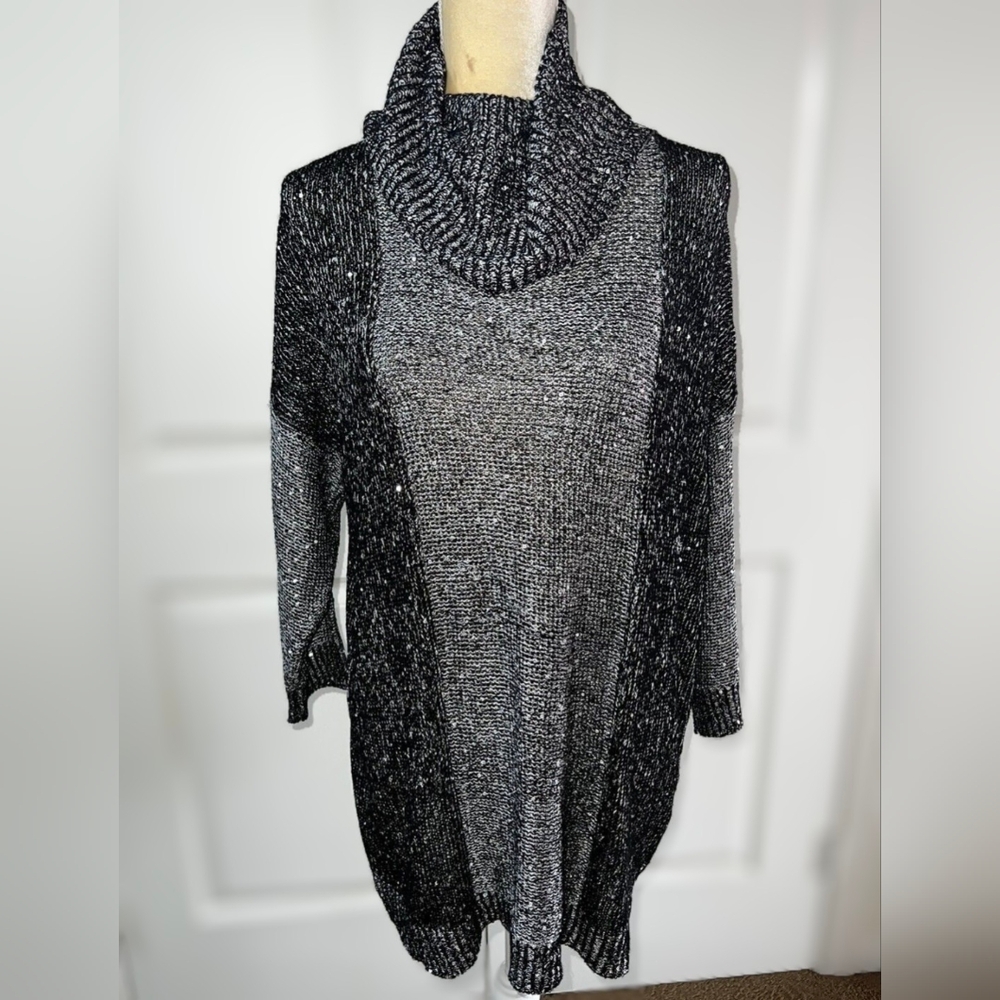 BELLDINI* cowl neck 3/4 sleeve long line sequin sparkle colour block sweater